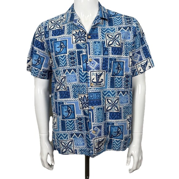 Vintage Hawaiian Aloha Shirt 50s 60s Pride of Hawaii Made‎ Hawaii Blue Tapa M L - Picture 1 of 5